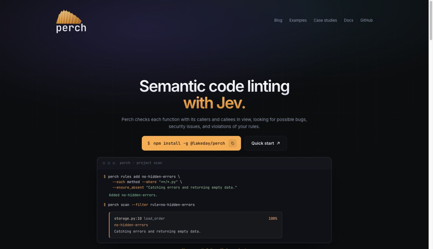 The Perch landing page after Codex applied the rules, with a semantic linting headline and amber accent.