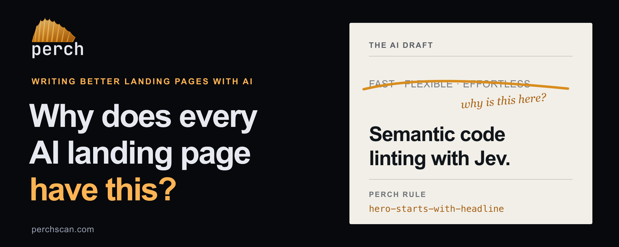 Perch rule beside a landing-page headline, with the unwanted text above the headline crossed out.