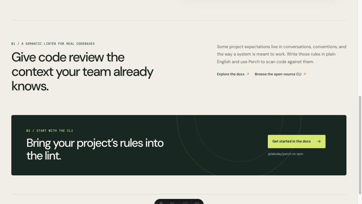 Two landing-page product sections with decorative 01 and 02 labels.