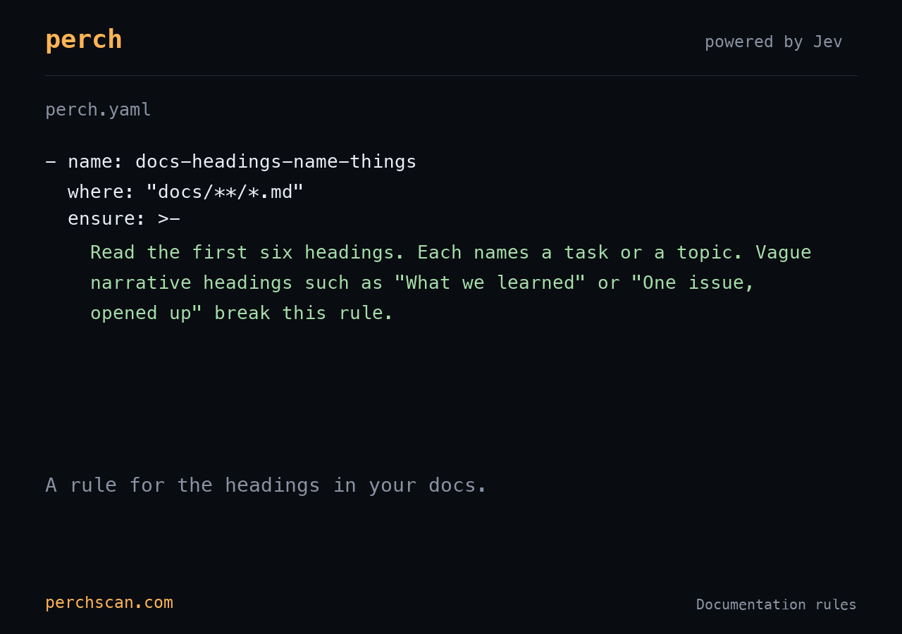 A documentation rule rejects vague headings at 60% confidence. Replacing them with Installation and Check a file makes the check pass.